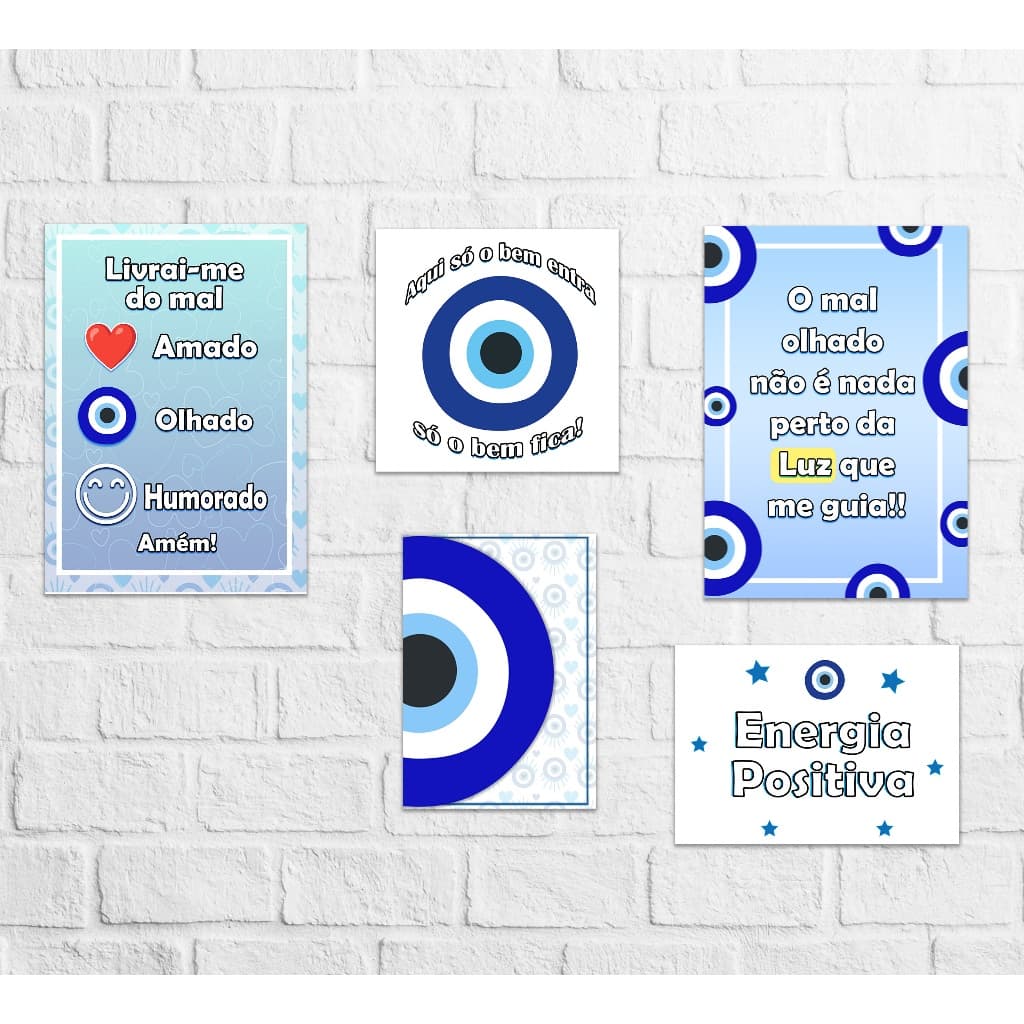 Kit 5 Quadros Mdf Frases Sala Sorte Olho Grego Proteção Decoração