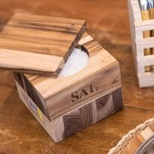 Saleiro em Madeira Teca Premium Com Tampa 12x12x10cm