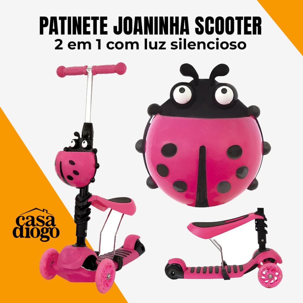 Patinete Scooter Infantil 3 Rodas Ajustável Joaninha 2 Em 1 Com Luz Silencioso Presente Para Criança