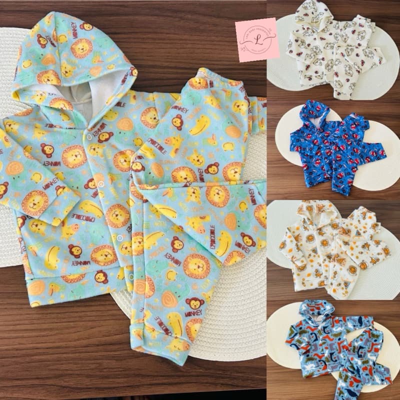 kit 4 peças soft para bebê masculino (2 conjunto)2 casaco com capuz e 2 calça - roupa para bebê menino quentinha inverno