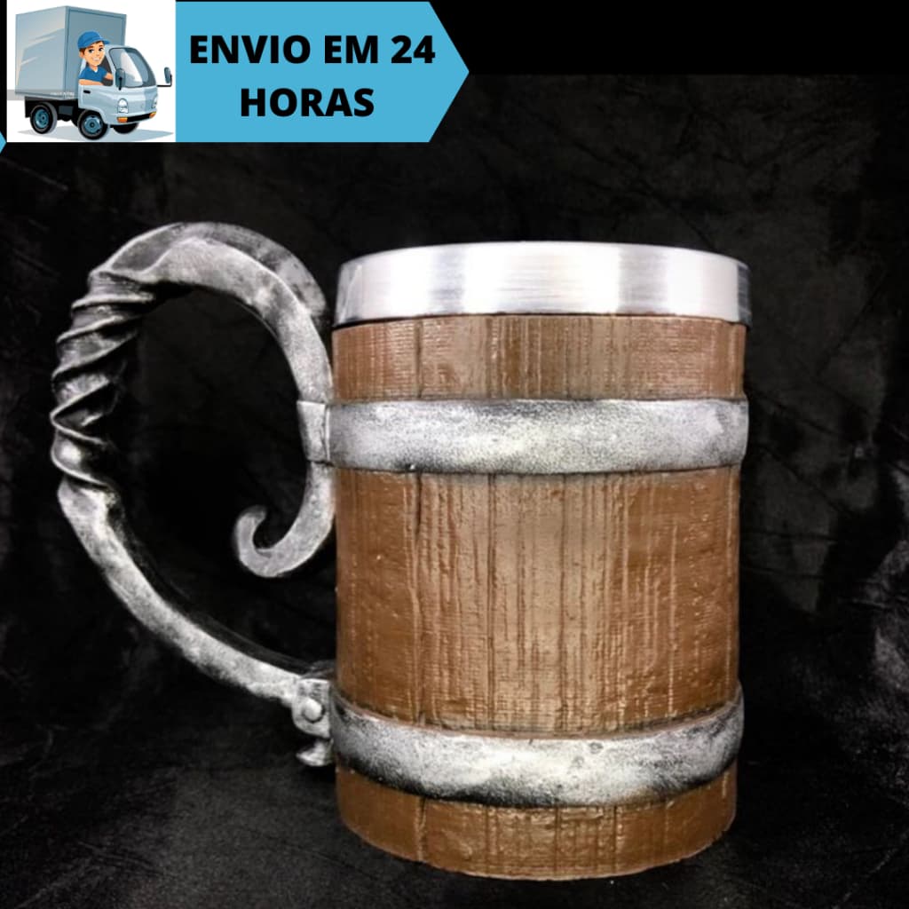 Caneca/Copo Barril Cilíndrico Medieval Viking 3D Resina 300Ml
