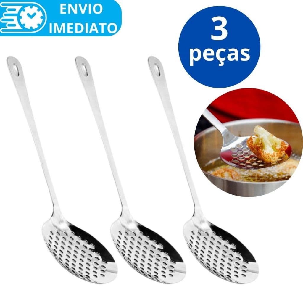 KIT 3 Escumadeira Para Fritura Arroz Massas Em Aço Inox Original Para Casa Cozinha Restaurante Buffet