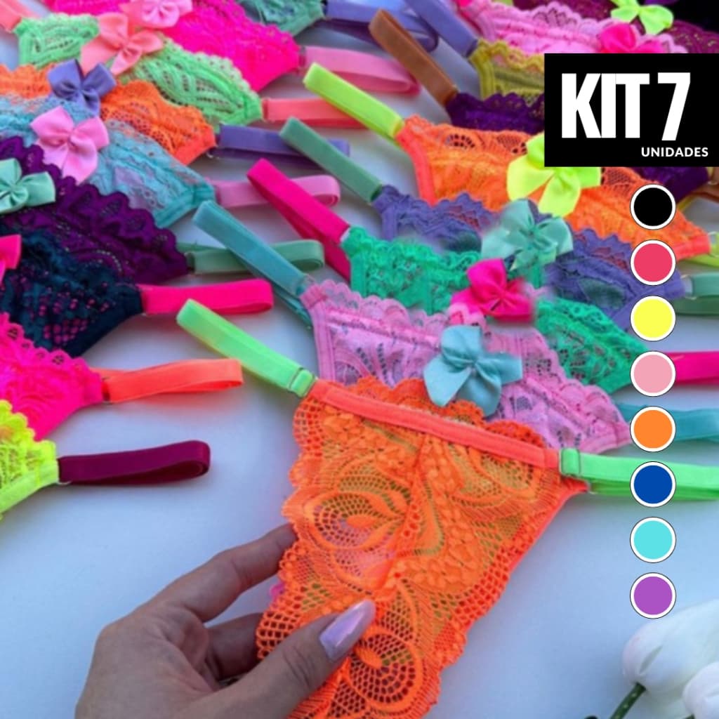 kit 7 Calcinhas tangas Neon Color Rendada Tanga Sensual com regulagem lateral