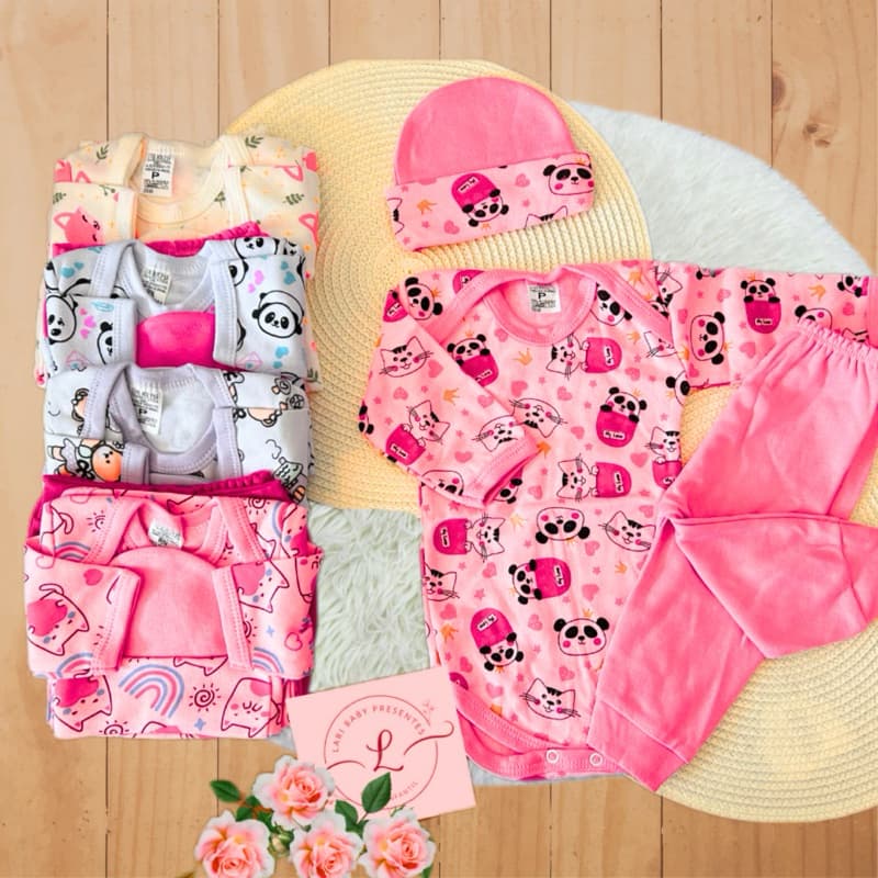 Conjunto bebê menina com touca RN a M 100% algodao - 1 body 1calça/mijão 1 touca roupa de bebê
