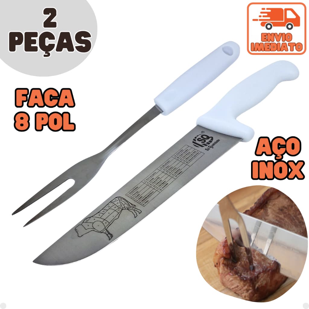 Kit Para Churrasco 2 Peças - Faca Carne 8" E Garfo Trinchante Inox - Entre melhores facas de cozinha
