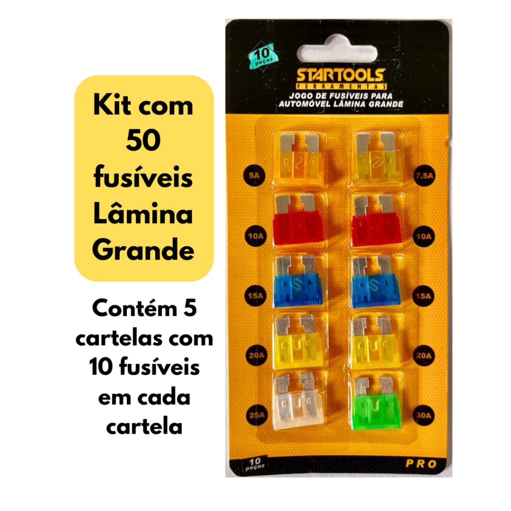 Kit Fusíveis Automotivos 50pcs Lâmina Grande Universal para Carro Moto Caminhão
