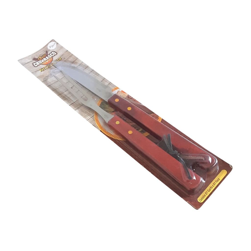 Kit Churrasco Faca + Garfo com cabo longo em madeira - Art House