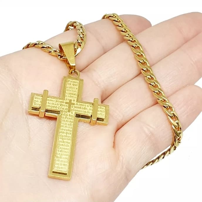 Kit Corrente e Pulseira Masculina com Pingente de Cruz Pai nosso cordão aço inox Dourado Namorada
