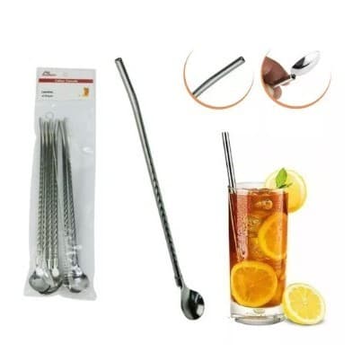 Kit 6 Colheres com Canudo Inox com Escova para Limpeza Drinks Mexedor 22cm