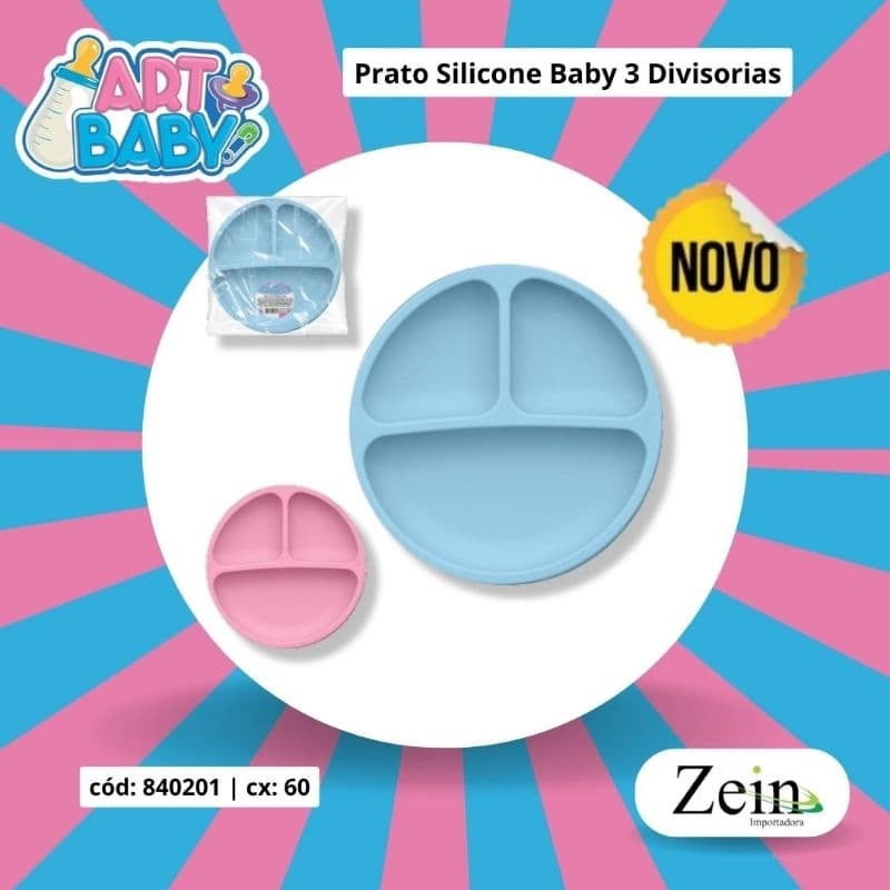 Prato Em Silicone Com Ventosa - Pratinho infantil com ventosa - Prato para Bebe - 3 Divisoes