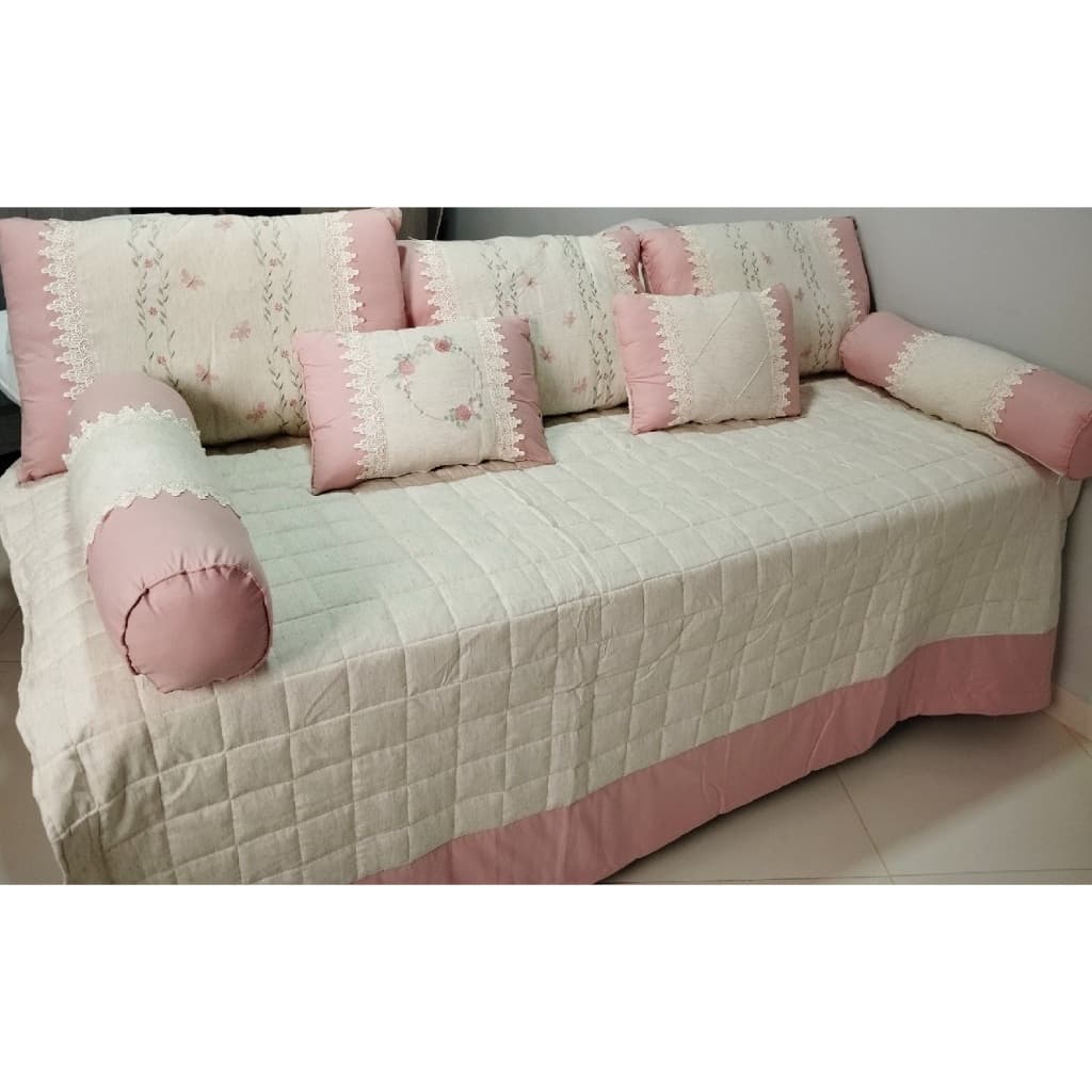 Kit Bicama Borboletas Maria Bordado 8 Peças Rose Blush com Linho