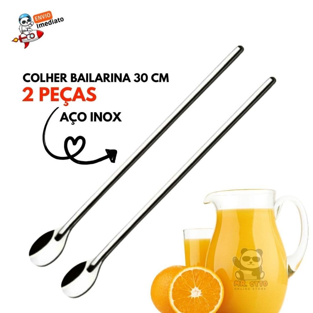 Kit 2 Unidades Colher 30cm Mexer Suco Drinks Copo Jarra Colher Longo Alcance Bailarina em Aço Inox