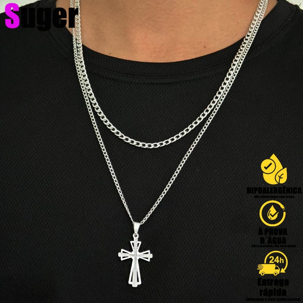 Kit 2 corrente com pingente Correntinha Masculina Banhada Prata colar aço inox Pingente Cruz Palito