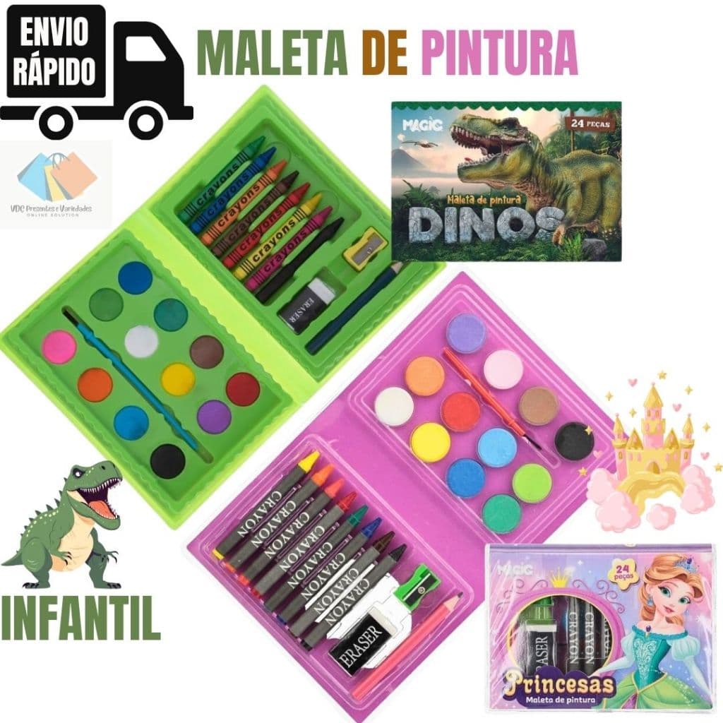 Estojo Maleta de Pintura Infantil Escolar Kit 24 Peças Dinossauro Princesa