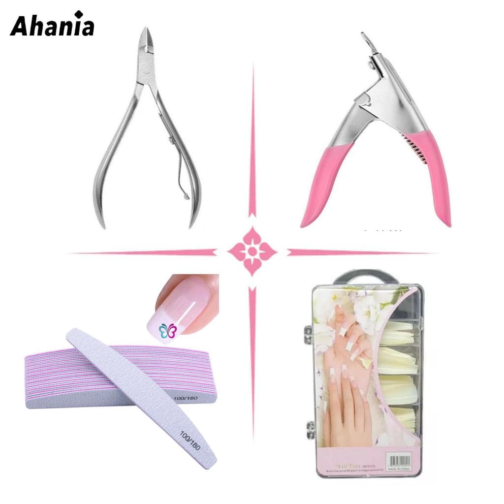 Kit 4 Peças Manicure  /10 Lixas de Unhas + 1 Alicate Cuticula + 1 Alicate Cortador De Tips + 100 Tips Unhas Postiças Bailarina Bege / Bailarina Transparente