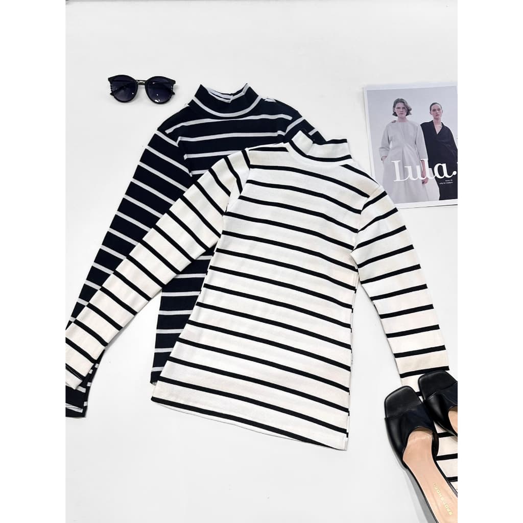 Kit 2pcs Blusa Listrada Gola Alta Feminina Manga Longa Blusa De Frio Basica Inverno ribana de algodao