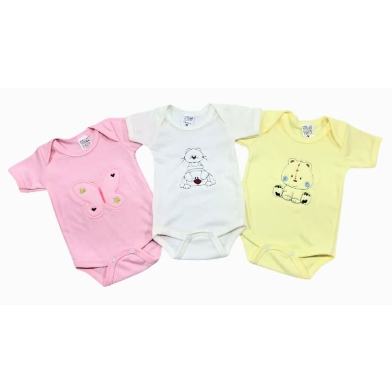 Body Bebê Manga Curta Canelado Bordado 3D Menino Menina KIT COM 3