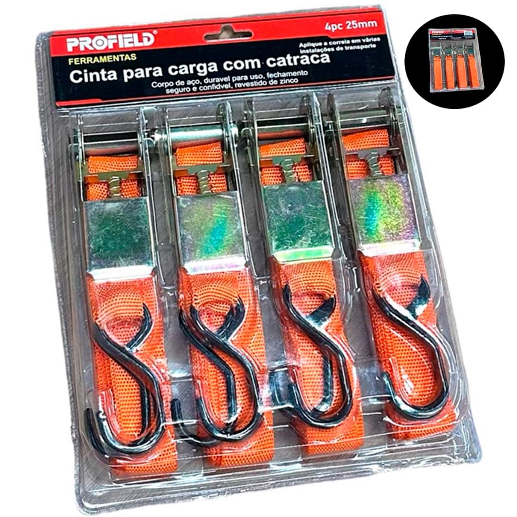 Kit 04 Fita Cinta Catraca Para Amarrar Prender Carga 4,5m x 2,5cm Veiculos