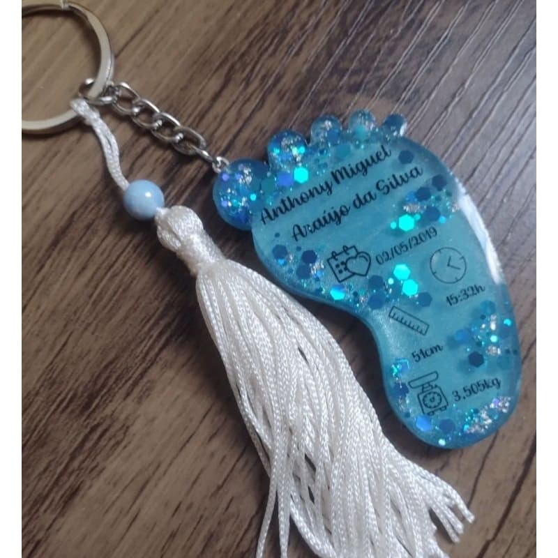 Chaveiro de dados de Nascimento com foto (pezinho de bebê) (leia a descrição)