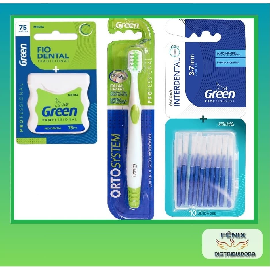 KIT ESCOVA DENTAL ORTODÔNTICA LINHA PROFISSIONAL ORTO SYSTEM - ORIGINAL GREEN