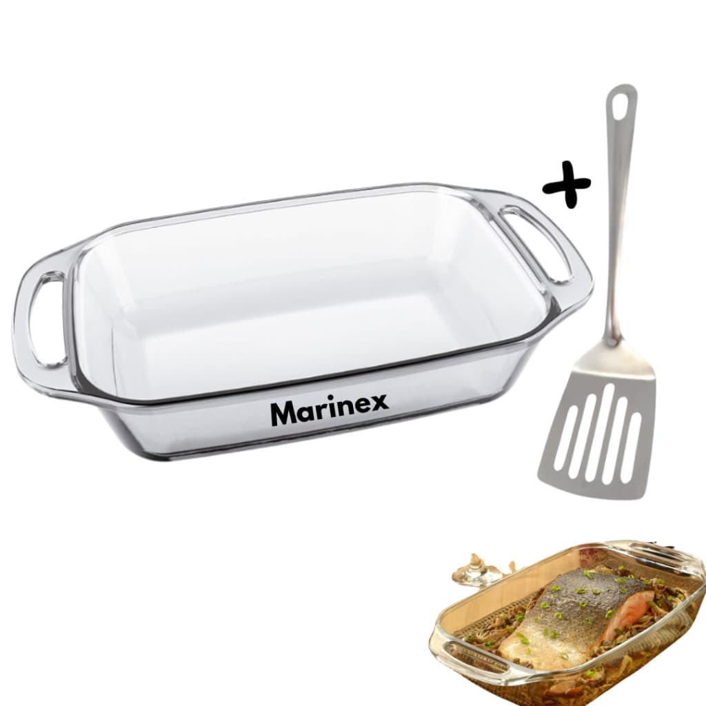 KIT 02UN. C/ 01 Assadeira Vidro Marinex Retangular Com Alça 2.1L Seletta+ Espatula Multiuso Inox Refratario Forma Buffet