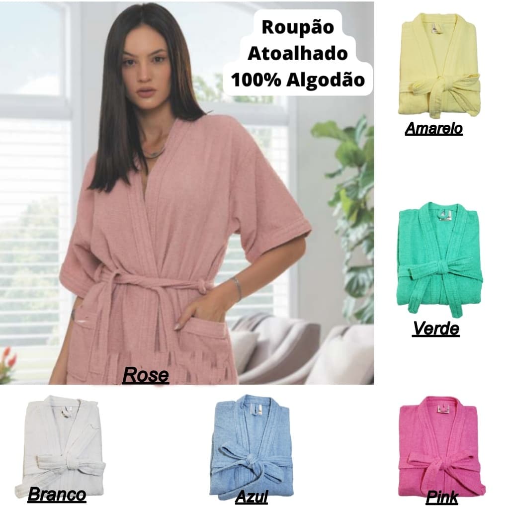 Roupão Adulto Atoalhado Robe Manga Curta 100% Algodão Tamanho M Unissex Masculino Feminino Tam.M
