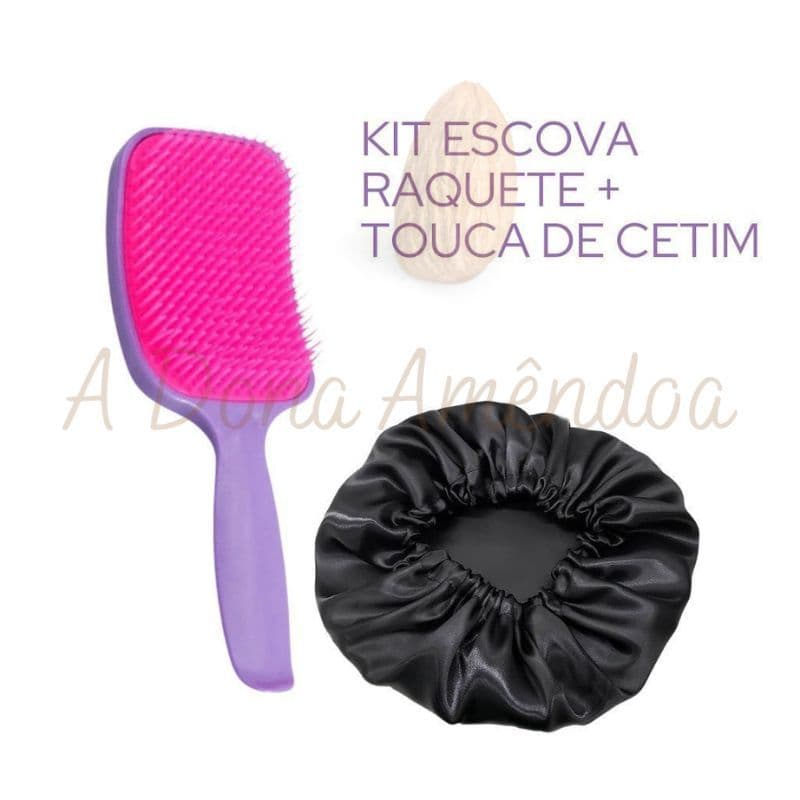 Kit Escova Raquete + Touca de Cetim Anti Frizz Feminino Dia a Dia