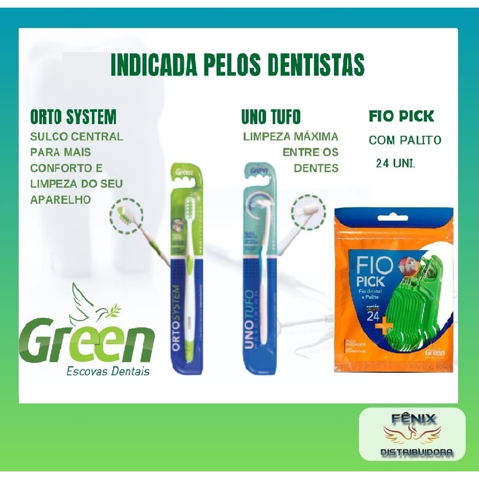 KIT ESCOVA DENTAL P/APERELHO+ESCOVA UNOTUFO+FIO PICK LINHA PROFISSIONAL ORTODÔNTICA-ORIGINAL GREEN