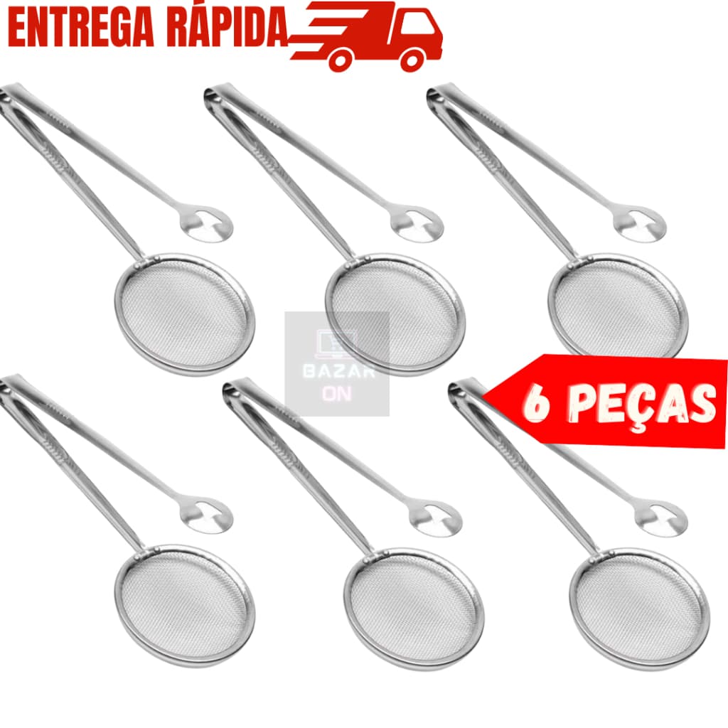 Kit 6 Escumadeiras Pegador Pinça Para Fritura Com Peneira em Aço Inox