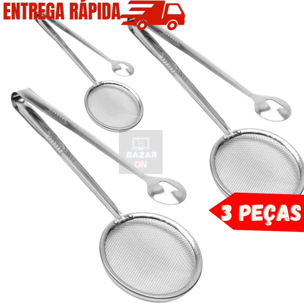 Kit 3 Escumadeiras Pegador Pinça Para Fritura Com Peneira em Aço Inox