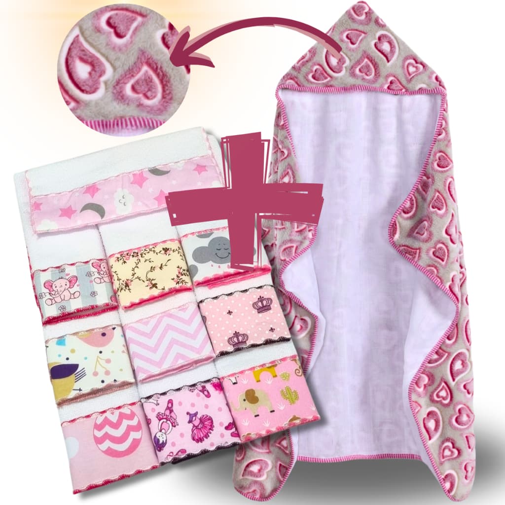 Kit Toalha de Banho para Bebê Soft Fleece com Forro Fralda + 6 Toalhinhas Ombro Overlocada Felpuda