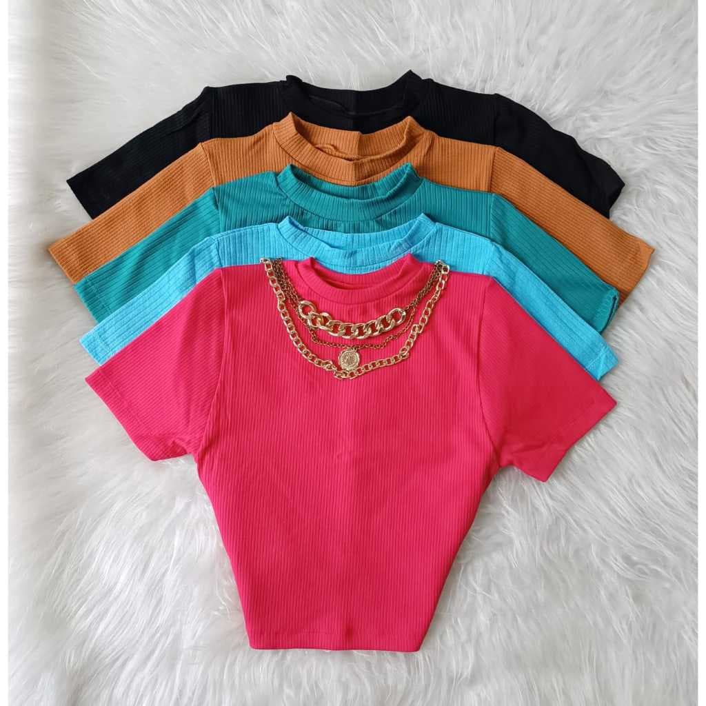 kit 5 pcs cropped canelado manga curta feminino verao
