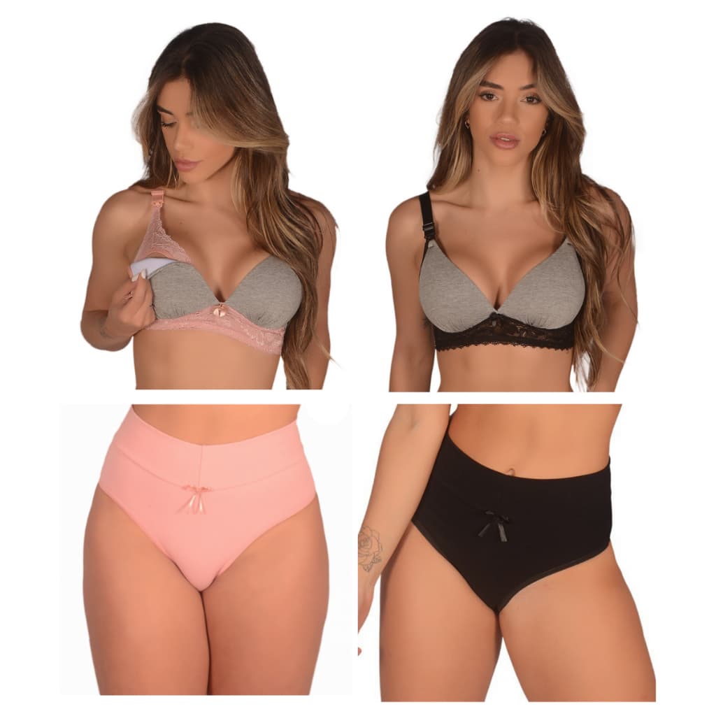 Kit 2 Conjuntos (Sutiã de Amamentação com Bojo + Calcinha Pós Parto Cós Alto) - Algodão Maternidade Soutien Feminino Rendado Gestante Reforçado para Amamentar Confortável Renda Calsinha Cintura Alta Feminina Sutian