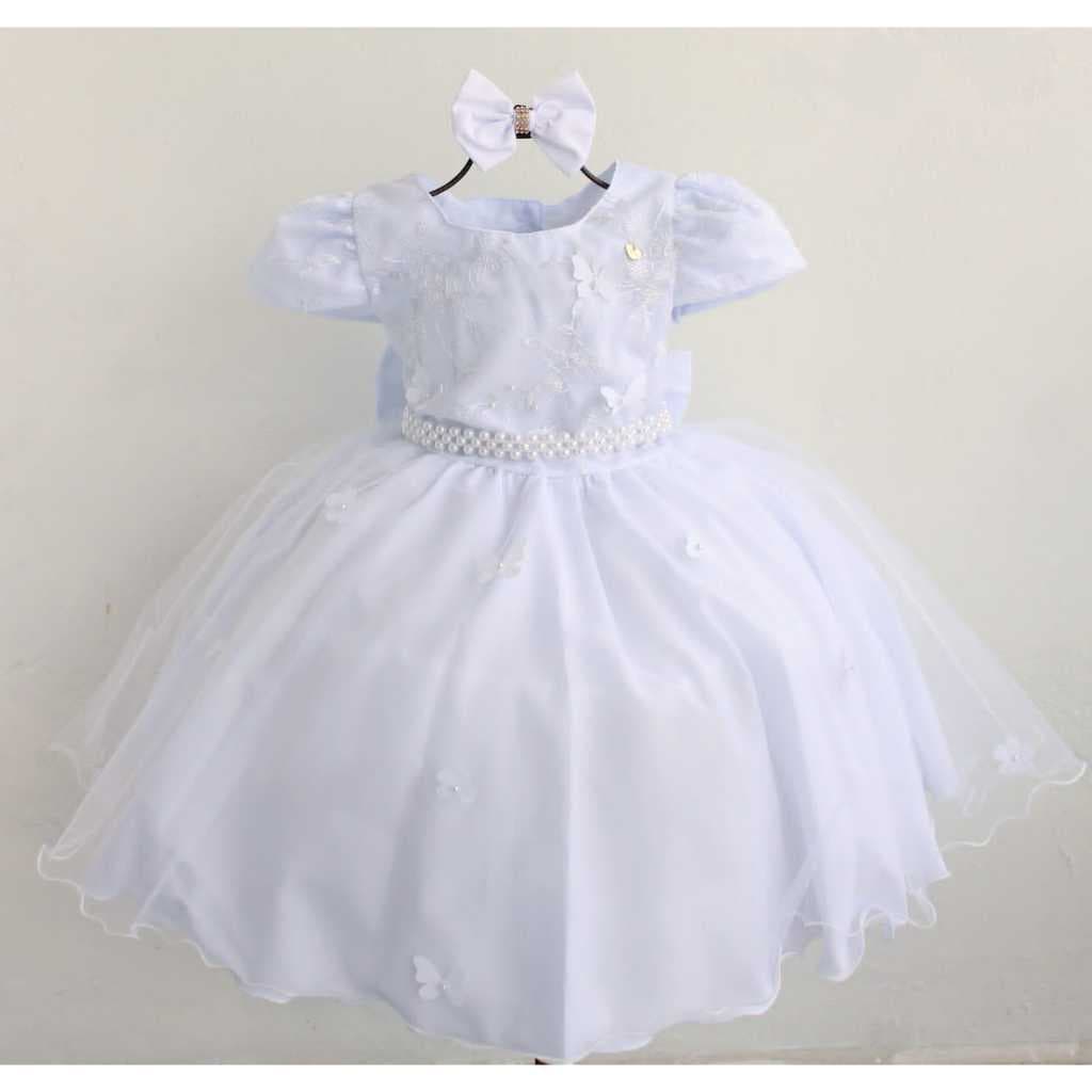Vestido Infantil Branco Batizado Daminha Casamento Primeira Comunhão Com Tiara.