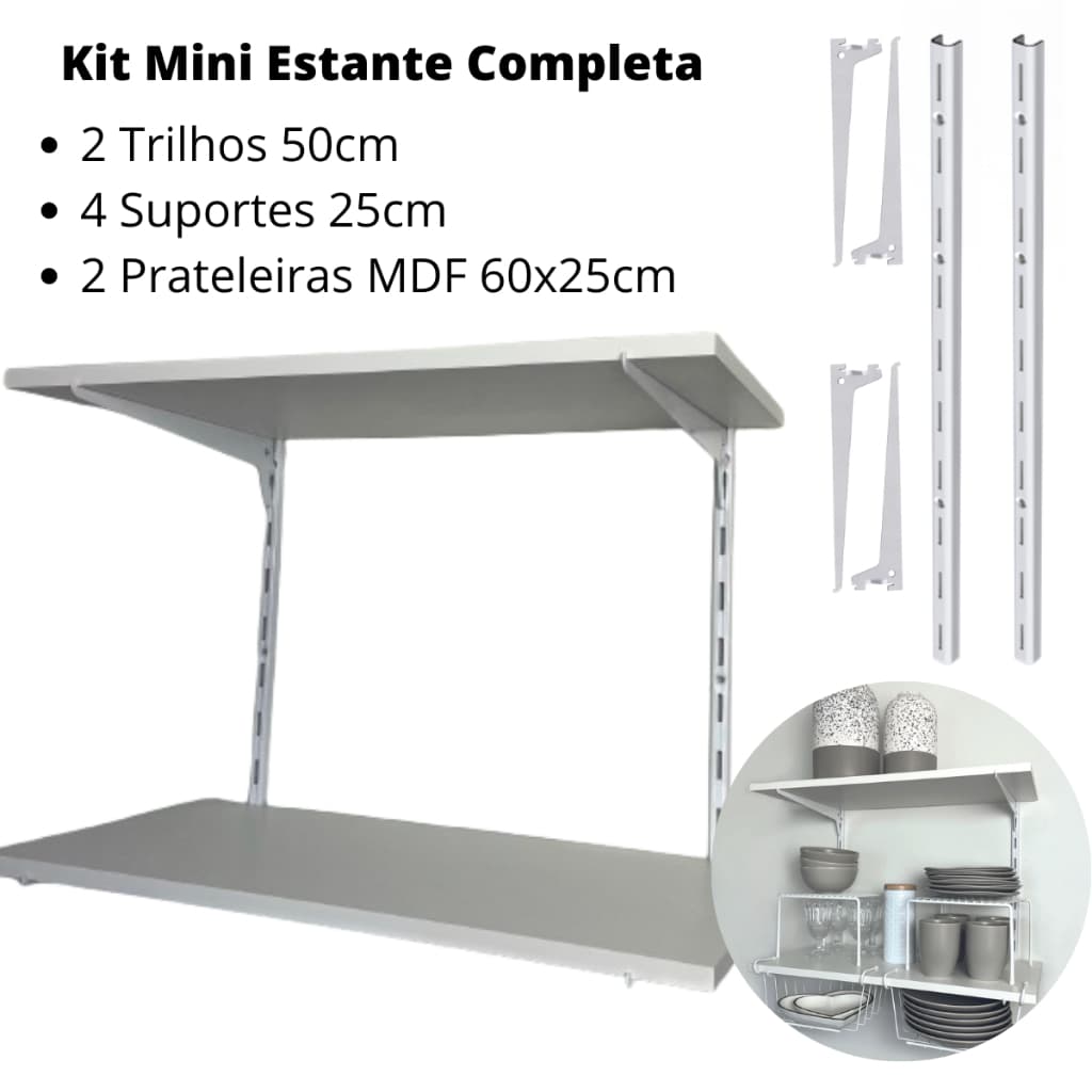 Kit Trilhos Suportes Prateleira Mini Estante Ferro e MDF Cremalheira
