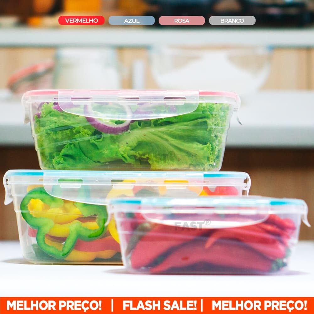 Kit 6 Potes Hermético Plástico Resistente Tampa Trava Vedação Silicone Marmita Organizador Geladeira Vai ao Freezer