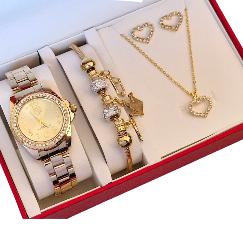 Relógio Feminino  Dourado Quartzo À Prova Água + Colar Brincos Folheado Ouro + Pulseira Feminina com Caixa - Presente dia das Mães, Presente dia dos namorados, Presente de natal