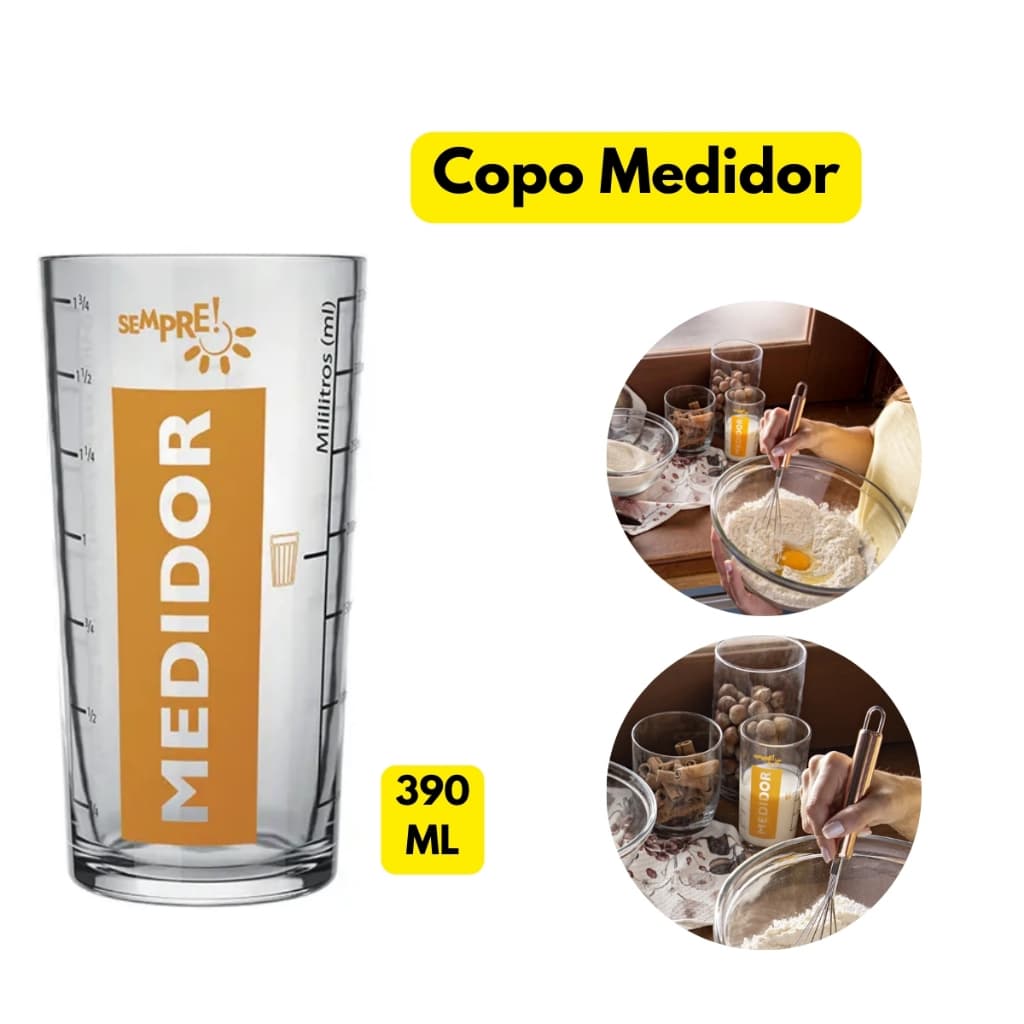 Copo Vidro Transparente Sempre Medidor 390ML Preparo Receita Resistente Durável Medidas Restaurantes
