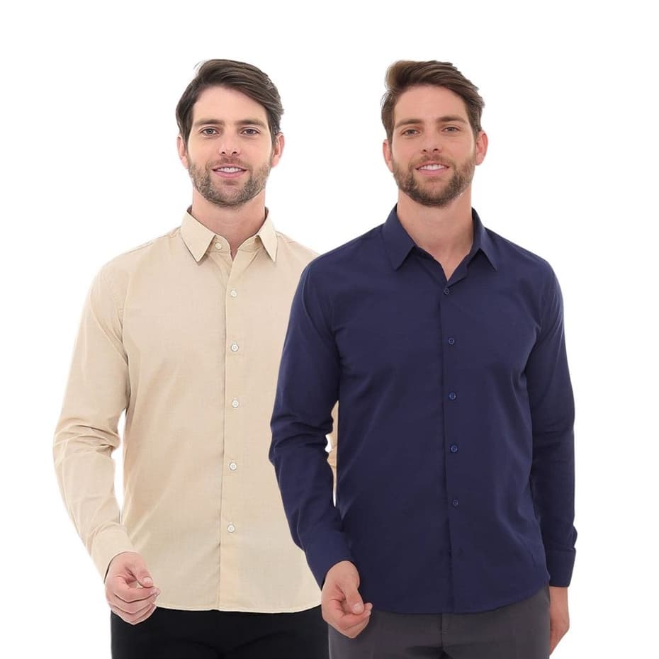 KIT Masculino 2 Peças - Camisa Social Premium Tipo Linho Bege e  Camisa Social Slim Azul Marinho