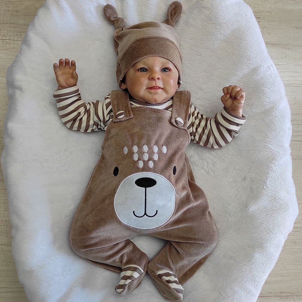 Roupa Jardineira com Body Manga Longa Quentinho Bebê Menino Kids Amigo Urso Bege Mescla