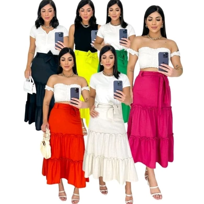 saia linho moda evangélica 3 marias acompanha cinto de amarrar