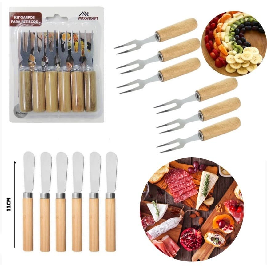 kit com 6 Garfo garfinho espatula para petiscos, frutas e aperitivos inox cabo de madeira frios queijos pate