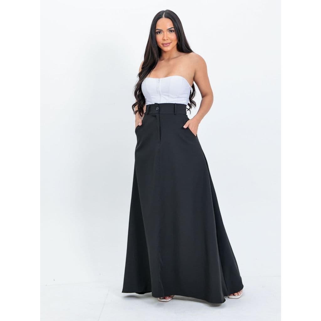AMY FASHION SAIA LONG COM BOTAO COM BOLSO DECIDO ALFAIATARIA MODA 2024