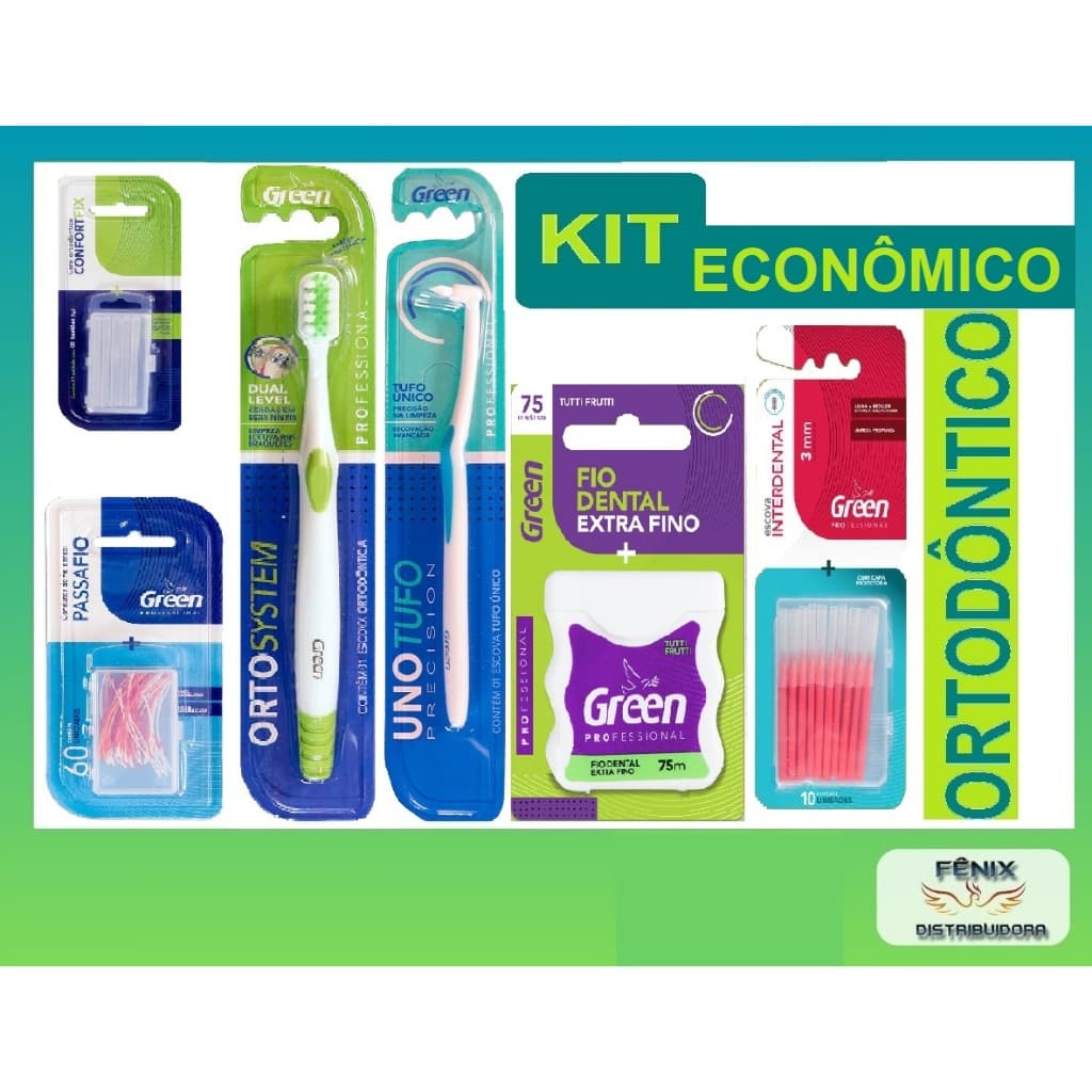 Kit escova dental P/ AP. Ortodôntico Completo Green, Manutenção da Higiene Bucal em aparelho dental.