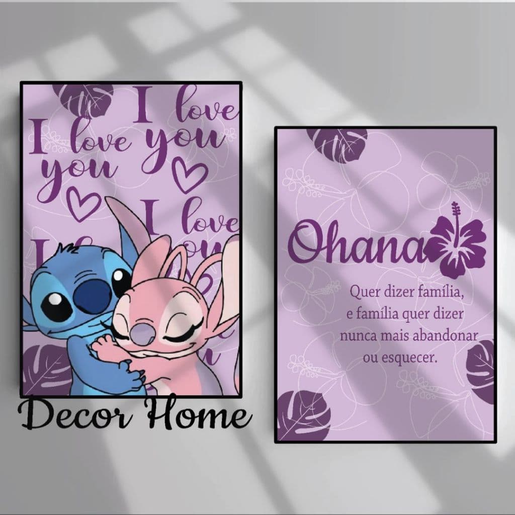 Kit 2 Quadros Ohana quer dizer familia stitch e angel love, plaquinha para quartos, decoração de cozinha