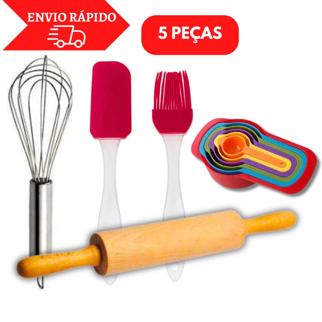 Kit 5 itens Para Confeiteiro, Rolo de Massas  + Espátula + Batedor Fuê de Claras + Pincel Silicone