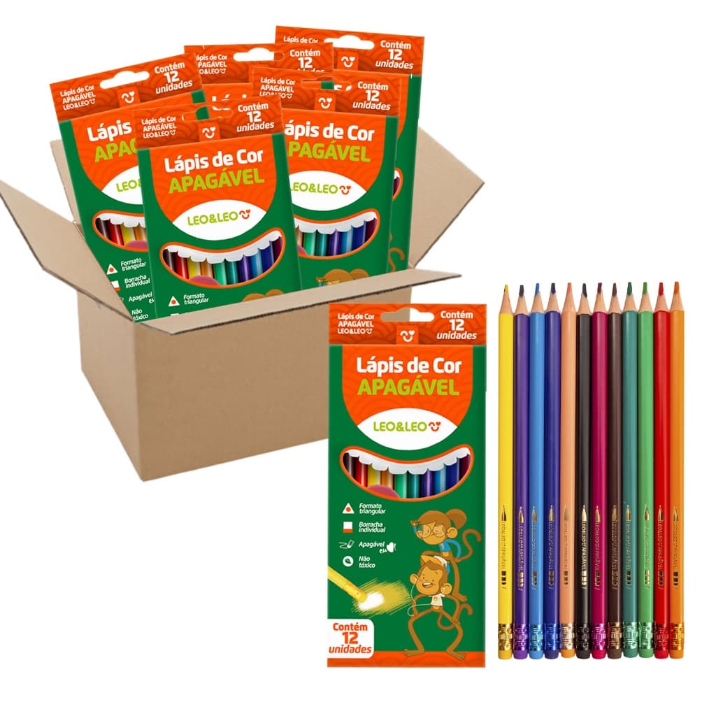 Kit 6 Lápis 12 Cores Apagável Triangular Com Borracha Leo&Leo
