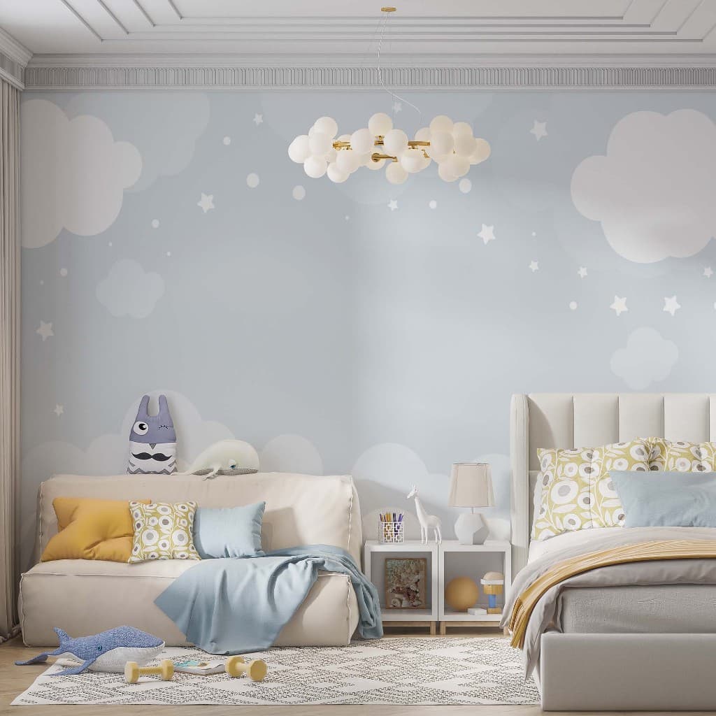 Papel De Parede Adesivo Mural Infantil Azul Nuvem e Estrela - Vinil Autocolante