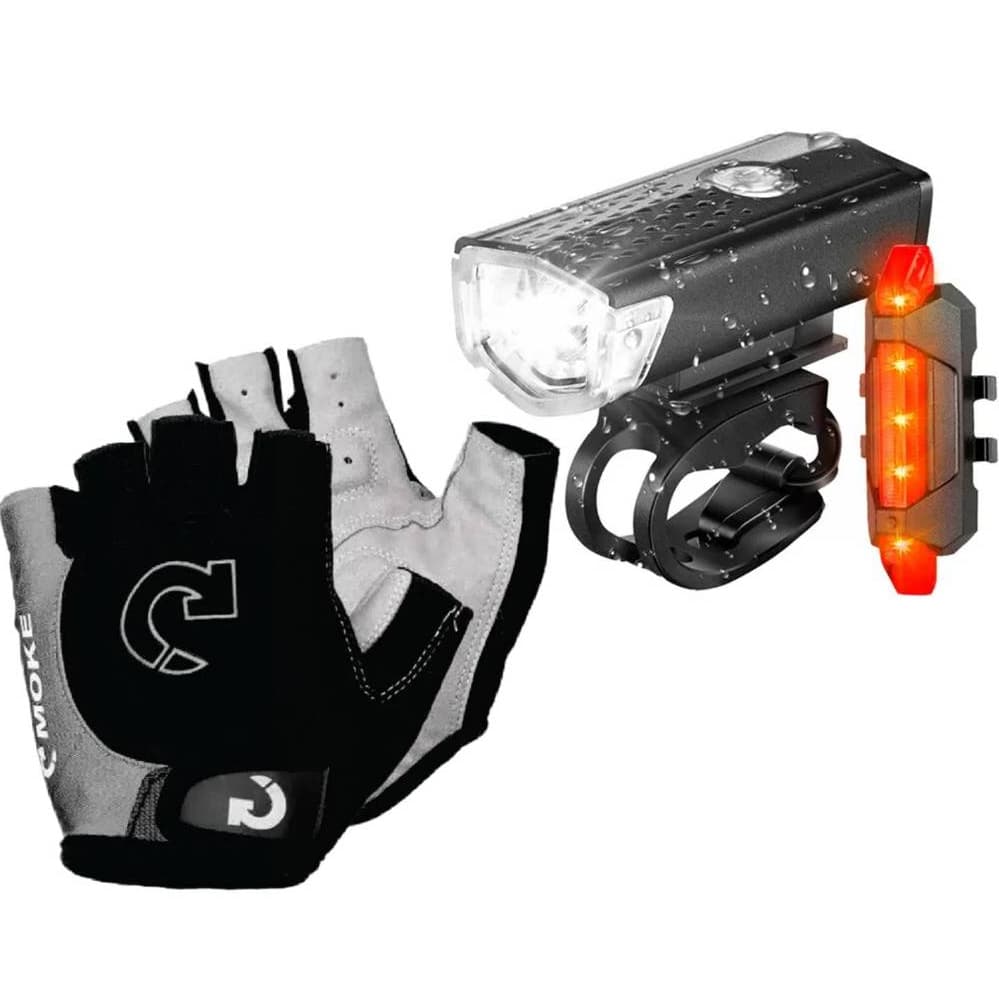 Kit Lanterna Farol de Bike + Luva Meio Dedo Ciclista Em Gel Bike