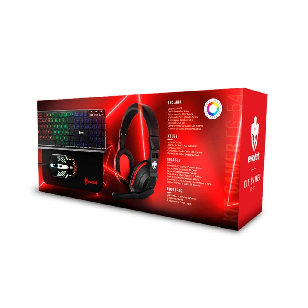 KIT GAMER COM MOUSE, MOUSEPAD, HEADSET E TECLADO COM LED EVOLUT EG-54